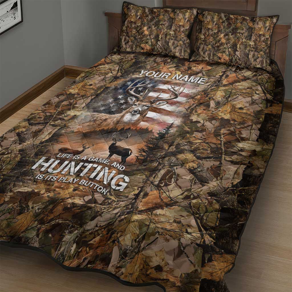 Personalized Buck Deer Hunting Quilt Bed Set American Flag Sunset Forest in Camouflage