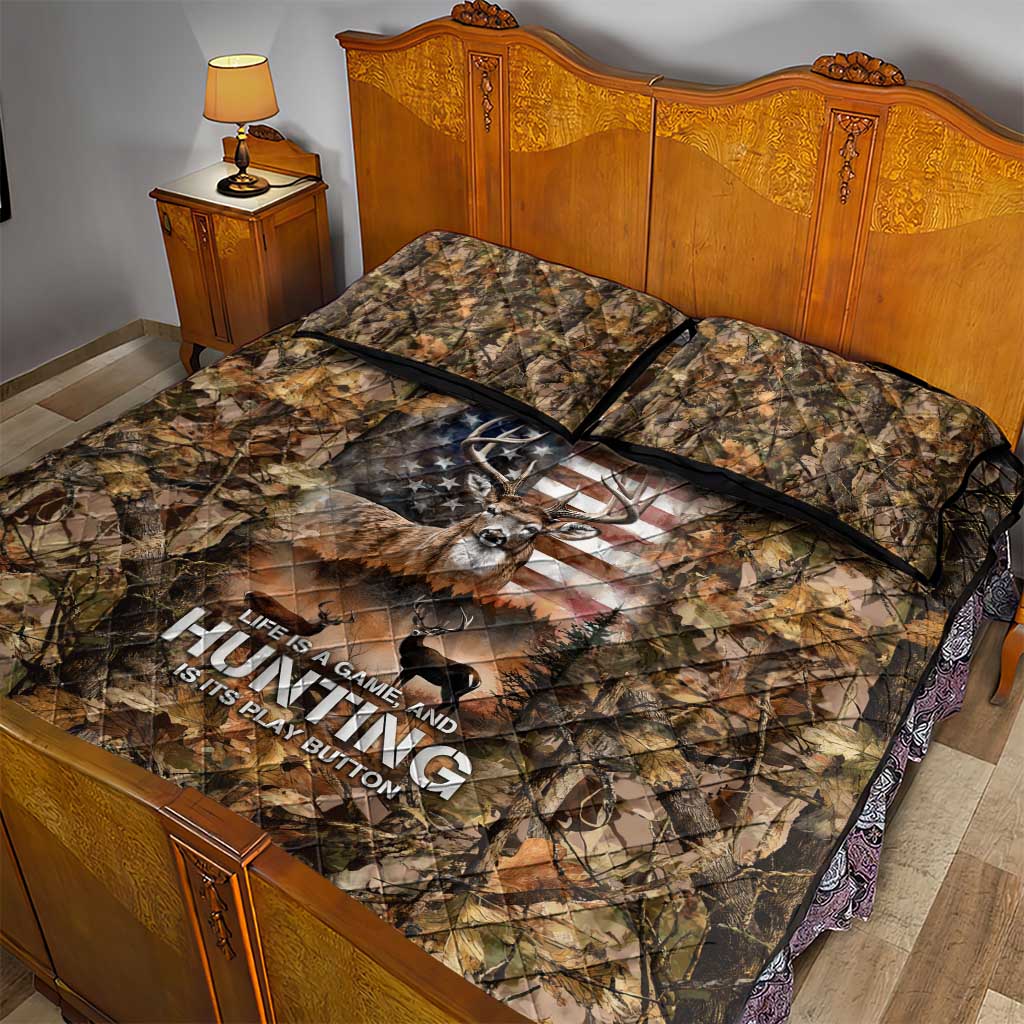 Personalized Buck Deer Hunting Quilt Bed Set American Flag Sunset Forest in Camouflage