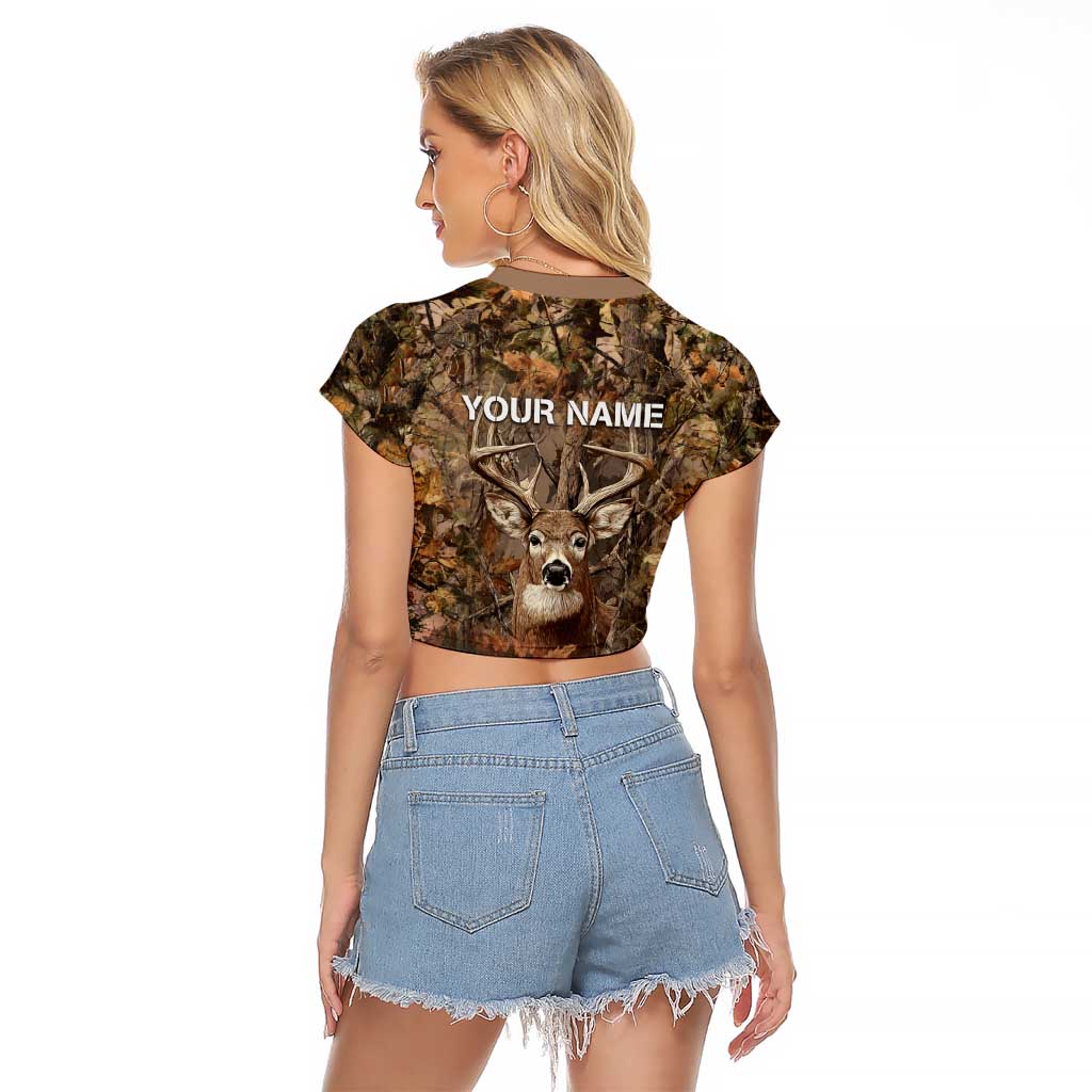 Personalized Buck Deer Hunting Raglan Cropped T Shirt American Flag Sunset Forest in Camouflage