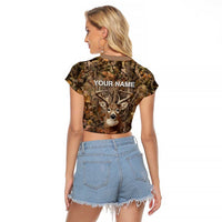 Personalized Buck Deer Hunting Raglan Cropped T Shirt American Flag Sunset Forest in Camouflage