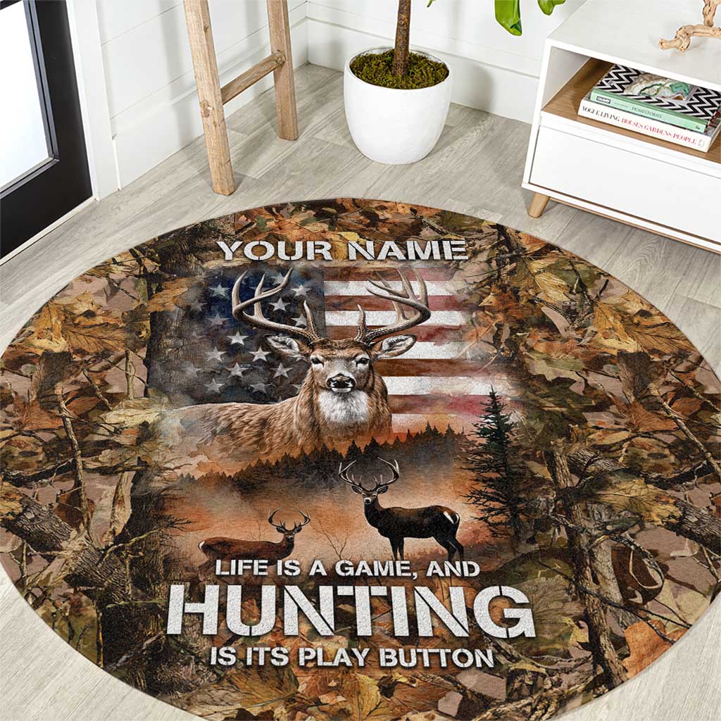 Personalized Buck Deer Hunting Round Carpet American Flag Sunset Forest in Camouflage