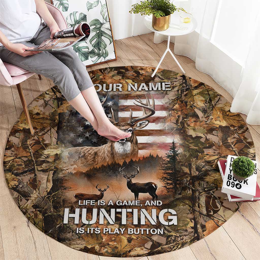 Personalized Buck Deer Hunting Round Carpet American Flag Sunset Forest in Camouflage