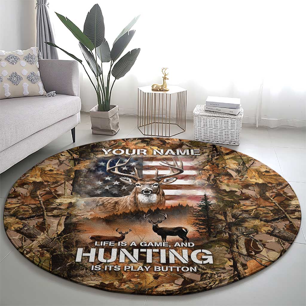 Personalized Buck Deer Hunting Round Carpet American Flag Sunset Forest in Camouflage