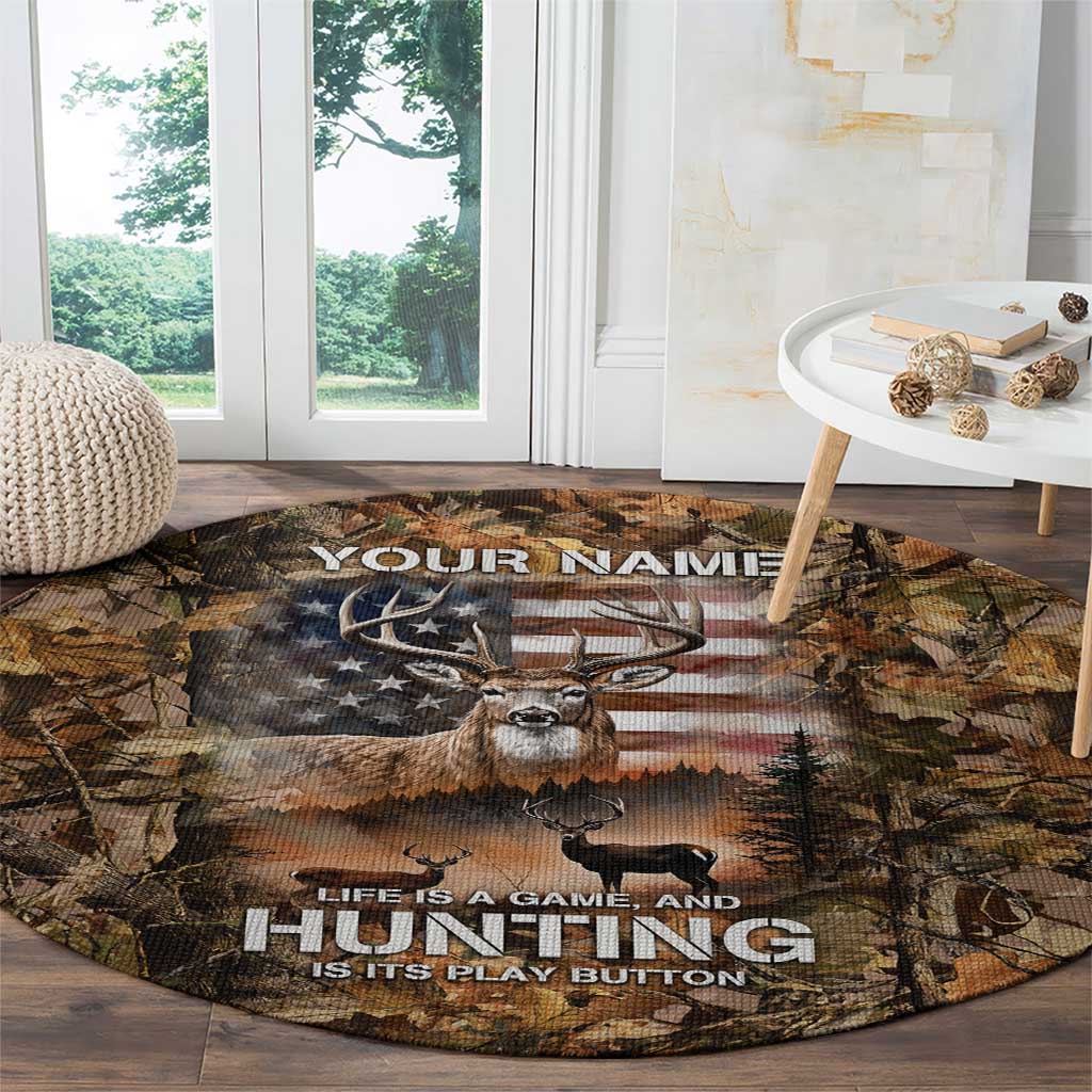 Personalized Buck Deer Hunting Round Carpet American Flag Sunset Forest in Camouflage