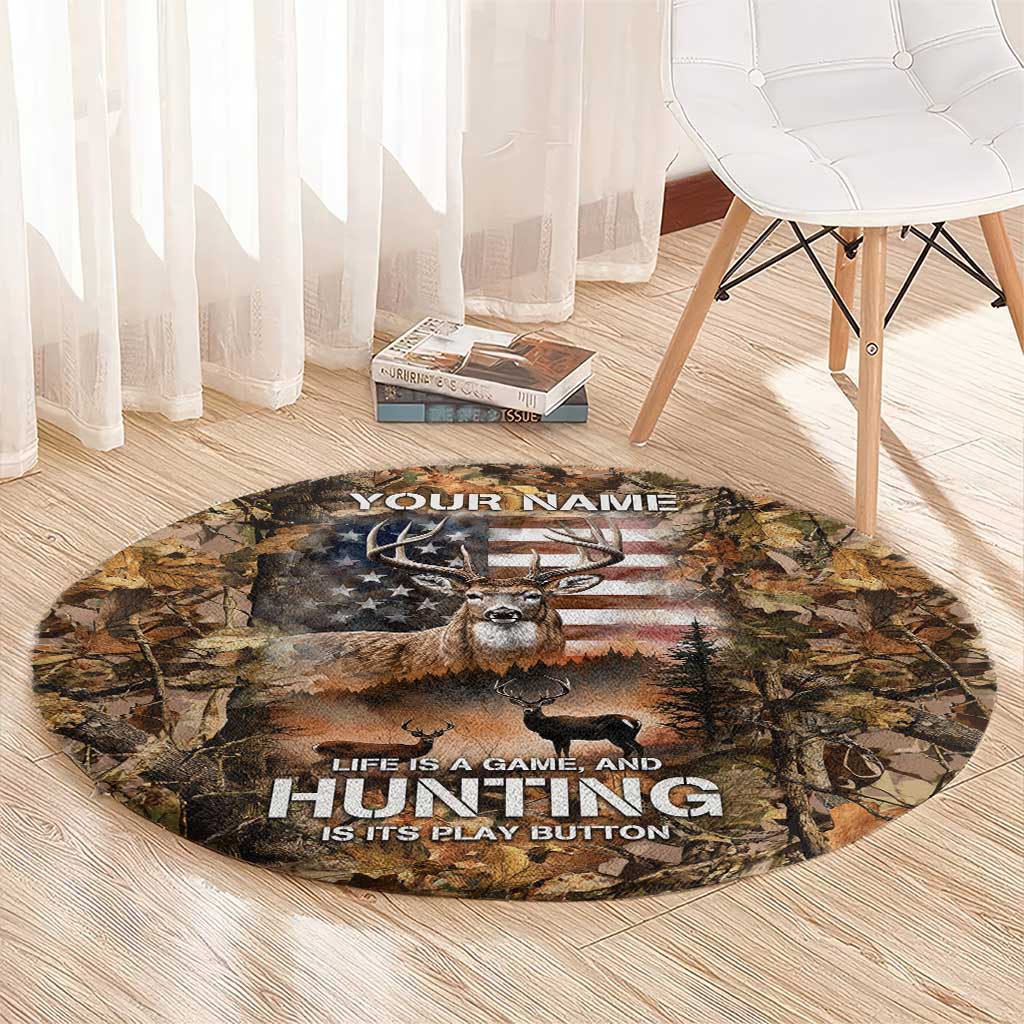 Personalized Buck Deer Hunting Round Carpet American Flag Sunset Forest in Camouflage