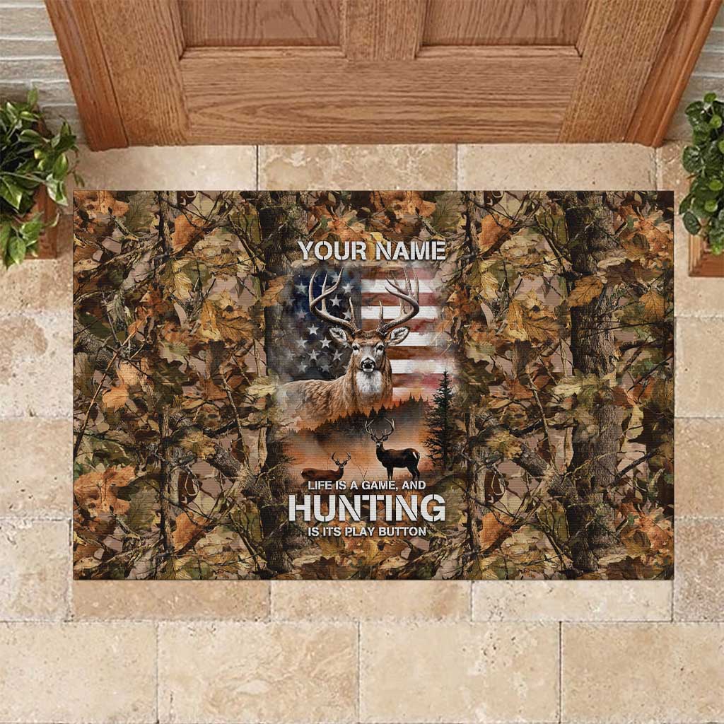 Personalized Buck Deer Hunting Rubber Doormat American Flag Sunset Forest in Camouflage