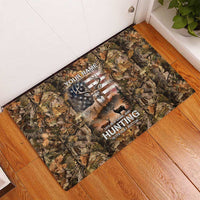 Personalized Buck Deer Hunting Rubber Doormat American Flag Sunset Forest in Camouflage