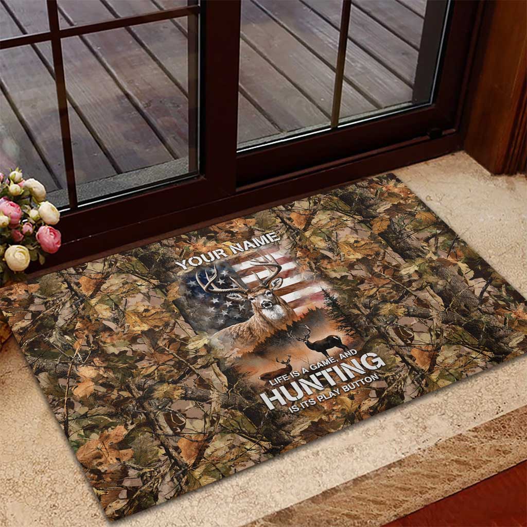 Personalized Buck Deer Hunting Rubber Doormat American Flag Sunset Forest in Camouflage