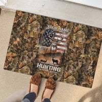 Personalized Buck Deer Hunting Rubber Doormat American Flag Sunset Forest in Camouflage