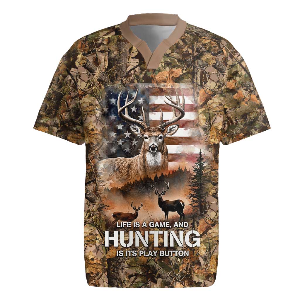 Personalized Buck Deer Hunting Rugby Jersey American Flag Sunset Forest in Camouflage
