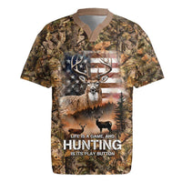 Personalized Buck Deer Hunting Rugby Jersey American Flag Sunset Forest in Camouflage