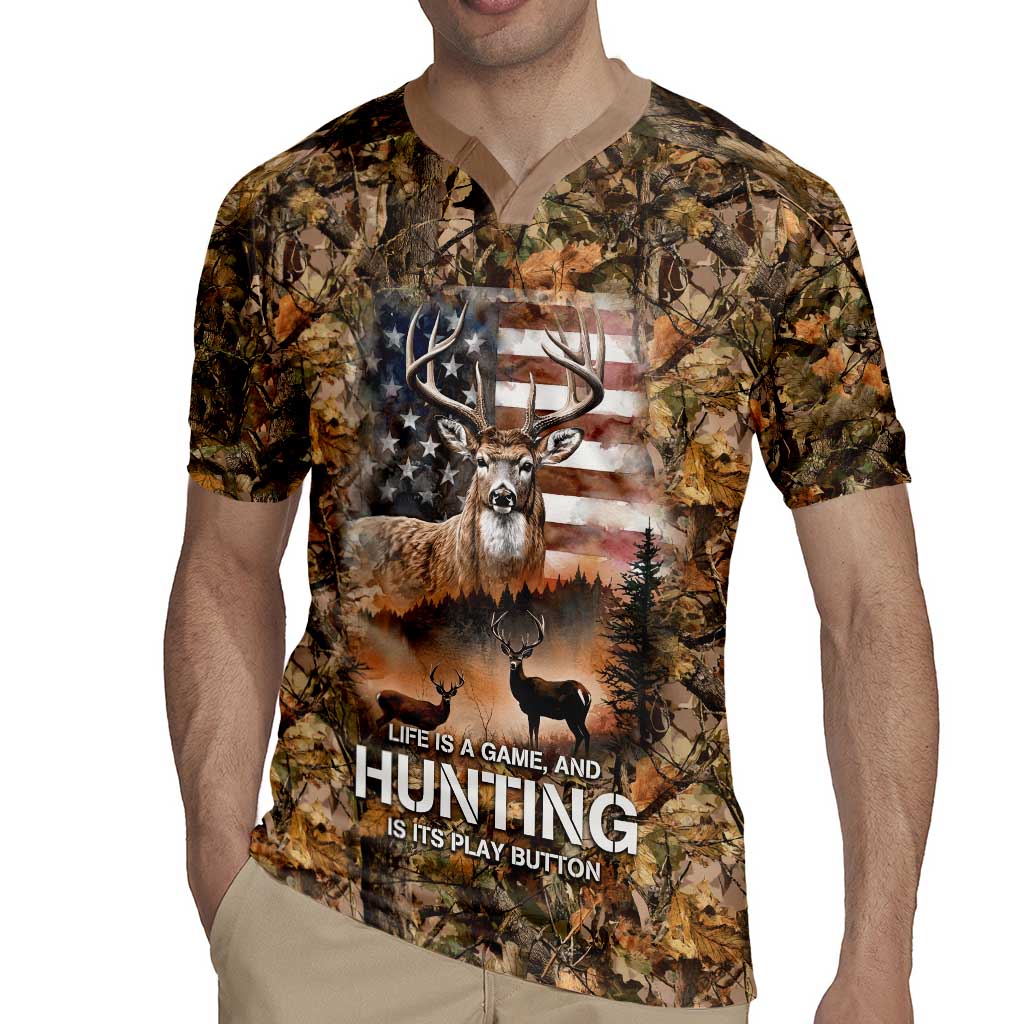 Personalized Buck Deer Hunting Rugby Jersey American Flag Sunset Forest in Camouflage