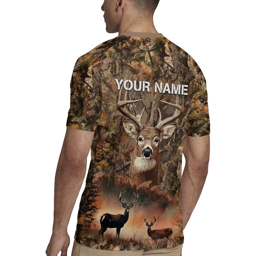 Personalized Buck Deer Hunting Rugby Jersey American Flag Sunset Forest in Camouflage
