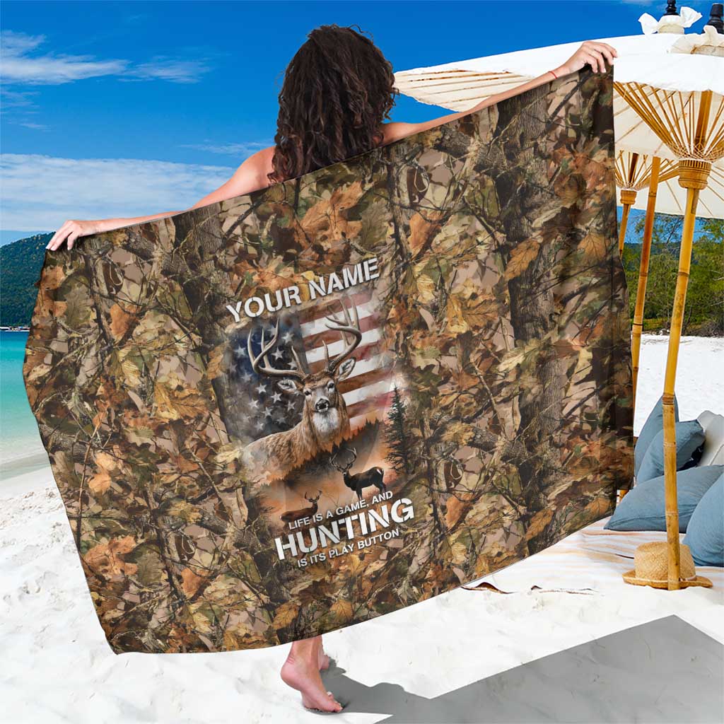 Personalized Buck Deer Hunting Sarong American Flag Sunset Forest in Camouflage