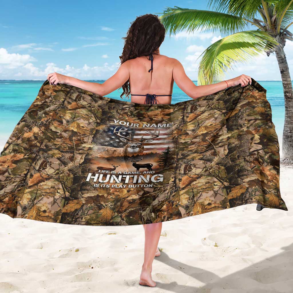 Personalized Buck Deer Hunting Sarong American Flag Sunset Forest in Camouflage