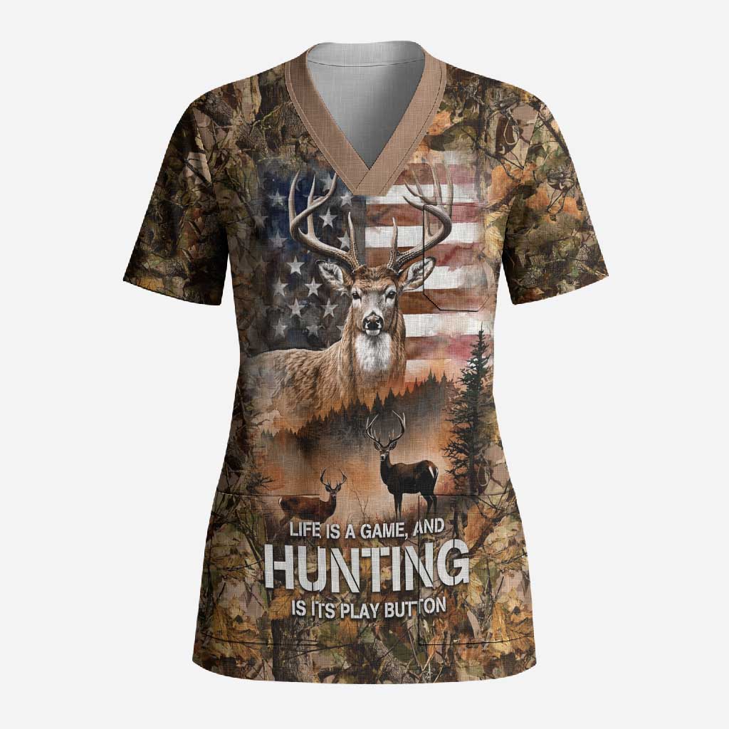 Personalized Buck Deer Hunting Scrub Top American Flag Sunset Forest in Camouflage