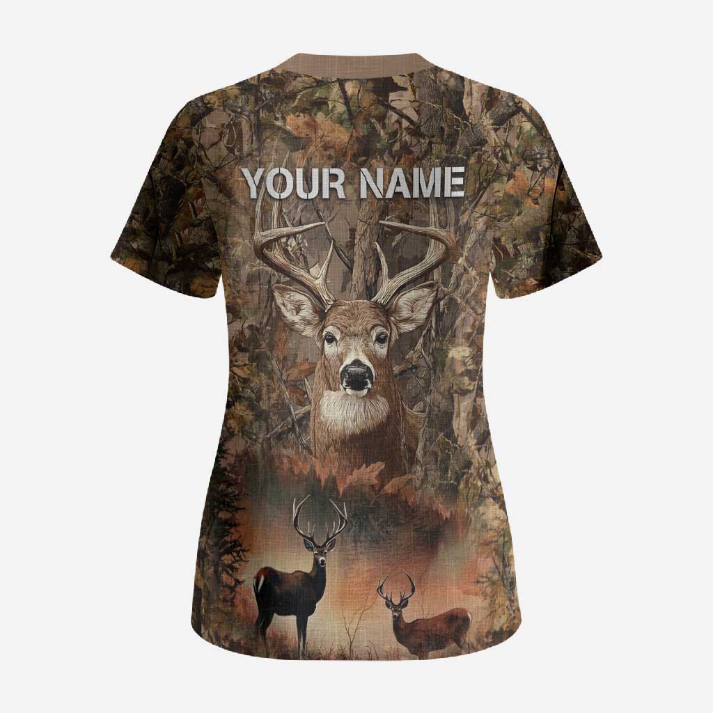 Personalized Buck Deer Hunting Scrub Top American Flag Sunset Forest in Camouflage