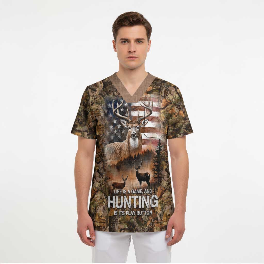 Personalized Buck Deer Hunting Scrub Top American Flag Sunset Forest in Camouflage