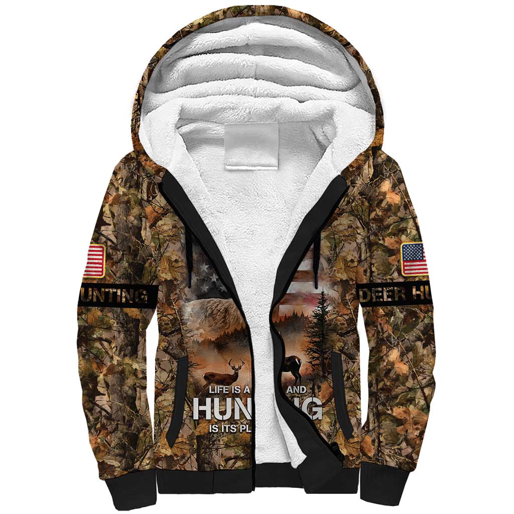 Personalized Buck Deer Hunting Sherpa Hoodie American Flag Sunset Forest in Camouflage