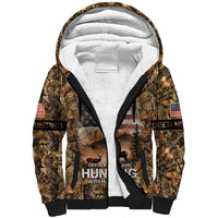Personalized Buck Deer Hunting Sherpa Hoodie American Flag Sunset Forest in Camouflage