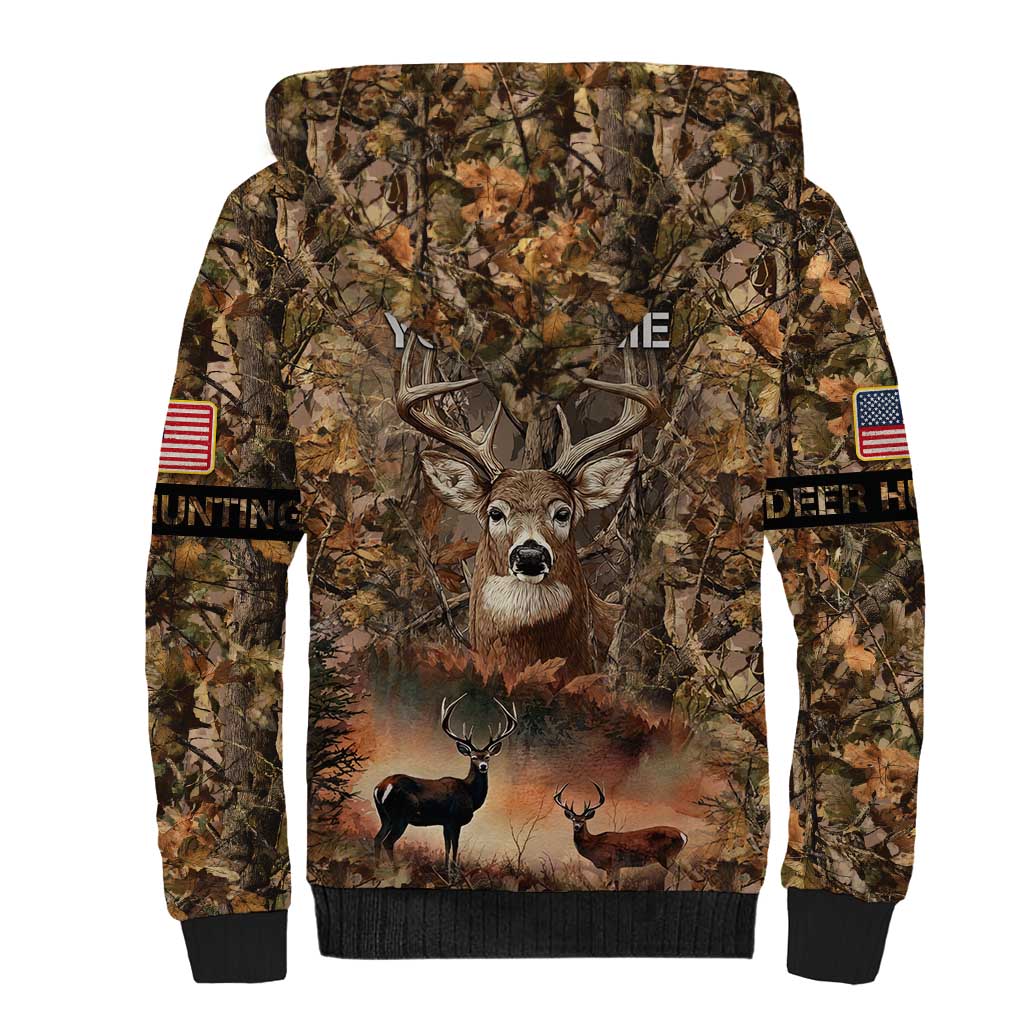 Personalized Buck Deer Hunting Sherpa Hoodie American Flag Sunset Forest in Camouflage