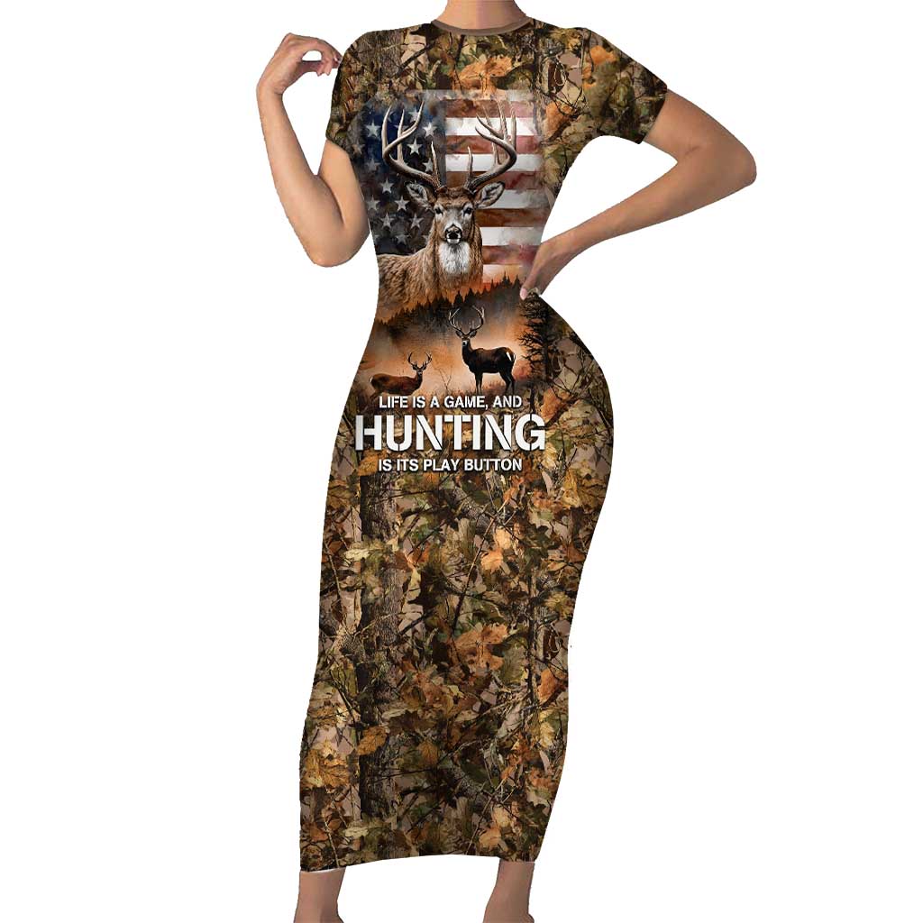Personalized Buck Deer Hunting Short Sleeve Bodycon Dress American Flag Sunset Forest in Camouflage