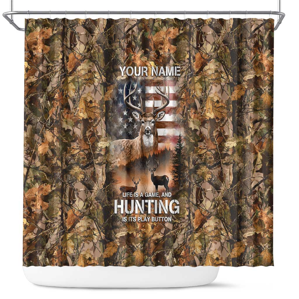 Personalized Buck Deer Hunting Shower Curtain American Flag Sunset Forest in Camouflage