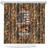 Personalized Buck Deer Hunting Shower Curtain American Flag Sunset Forest in Camouflage