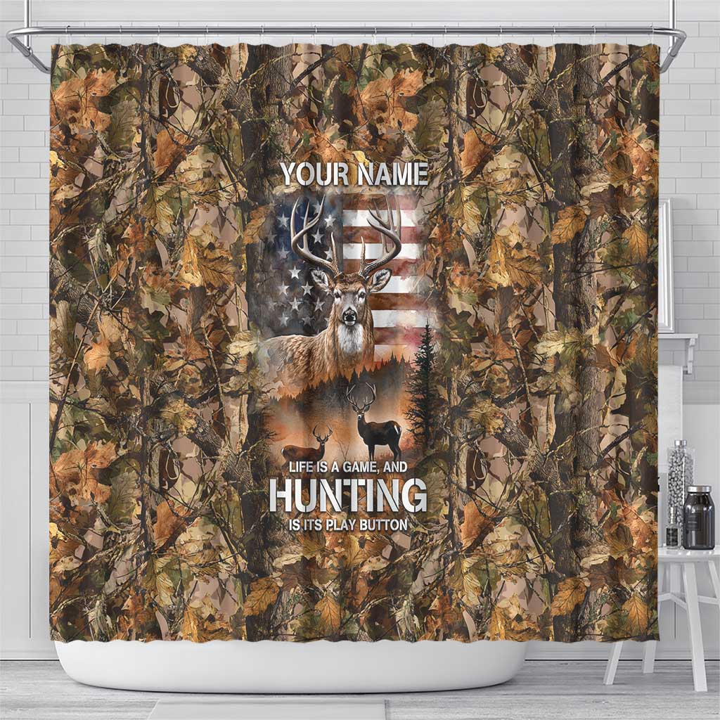 Personalized Buck Deer Hunting Shower Curtain American Flag Sunset Forest in Camouflage
