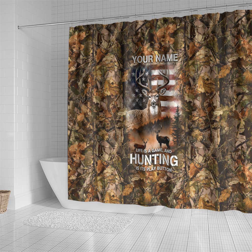 Personalized Buck Deer Hunting Shower Curtain American Flag Sunset Forest in Camouflage
