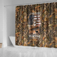 Personalized Buck Deer Hunting Shower Curtain American Flag Sunset Forest in Camouflage