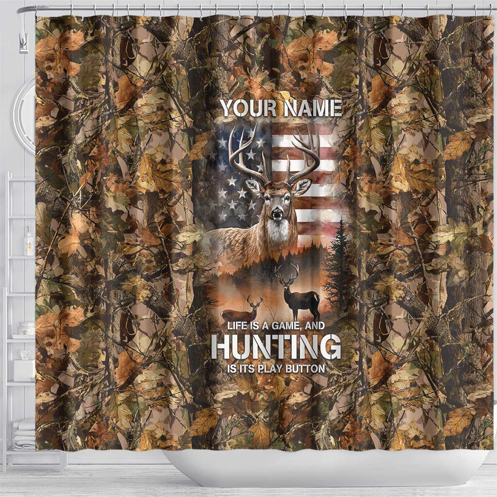Personalized Buck Deer Hunting Shower Curtain American Flag Sunset Forest in Camouflage