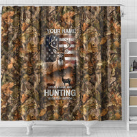 Personalized Buck Deer Hunting Shower Curtain American Flag Sunset Forest in Camouflage