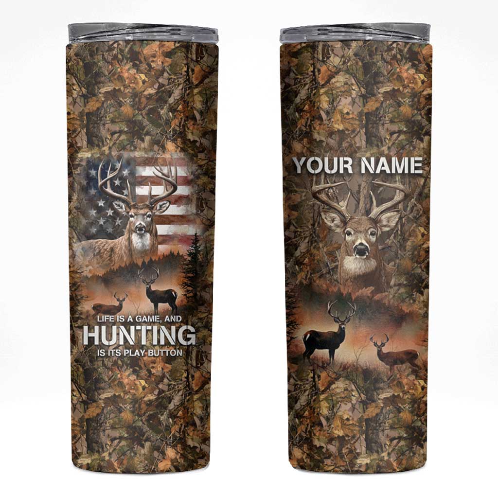 Personalized Buck Deer Hunting Skinny Tumbler American Flag Sunset Forest in Camouflage