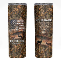 Personalized Buck Deer Hunting Skinny Tumbler American Flag Sunset Forest in Camouflage