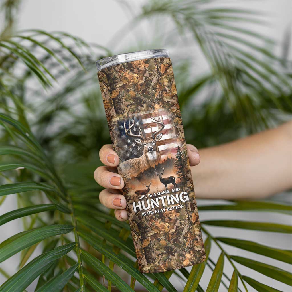 Personalized Buck Deer Hunting Skinny Tumbler American Flag Sunset Forest in Camouflage