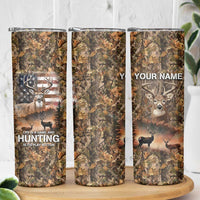 Personalized Buck Deer Hunting Skinny Tumbler American Flag Sunset Forest in Camouflage