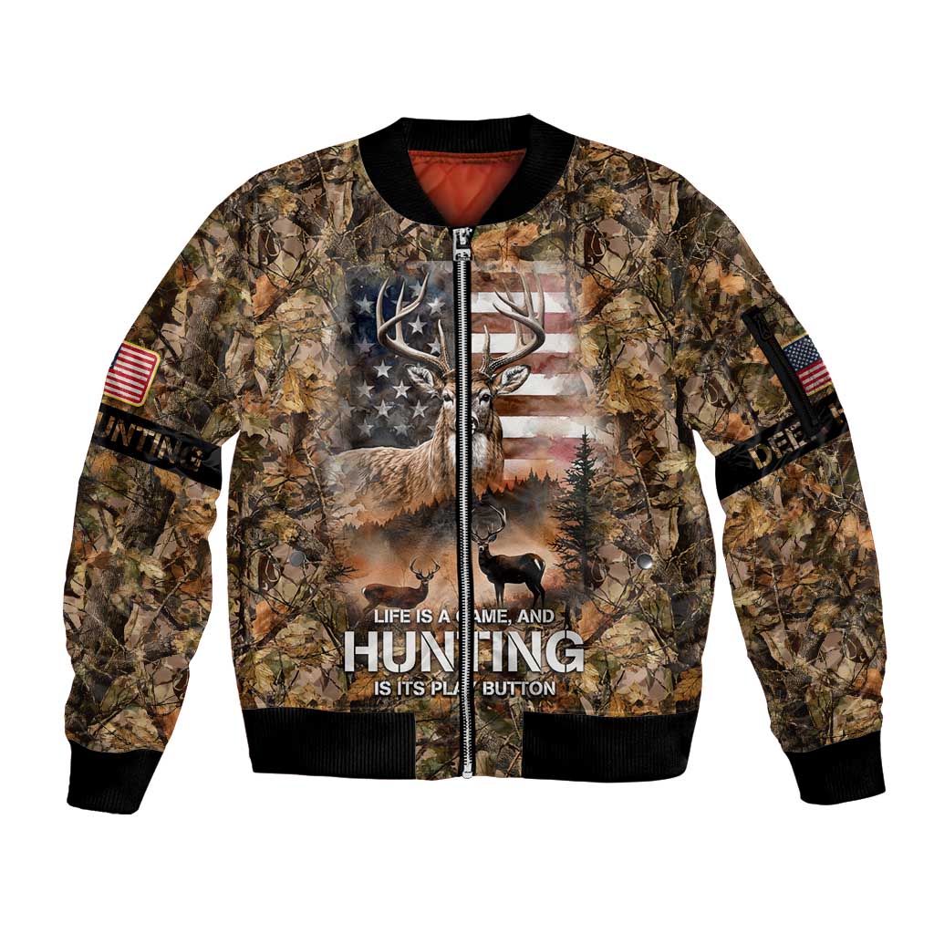 Personalized Buck Deer Hunting Sleeve Zip Bomber Jacket American Flag Sunset Forest in Camouflage