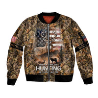 Personalized Buck Deer Hunting Sleeve Zip Bomber Jacket American Flag Sunset Forest in Camouflage