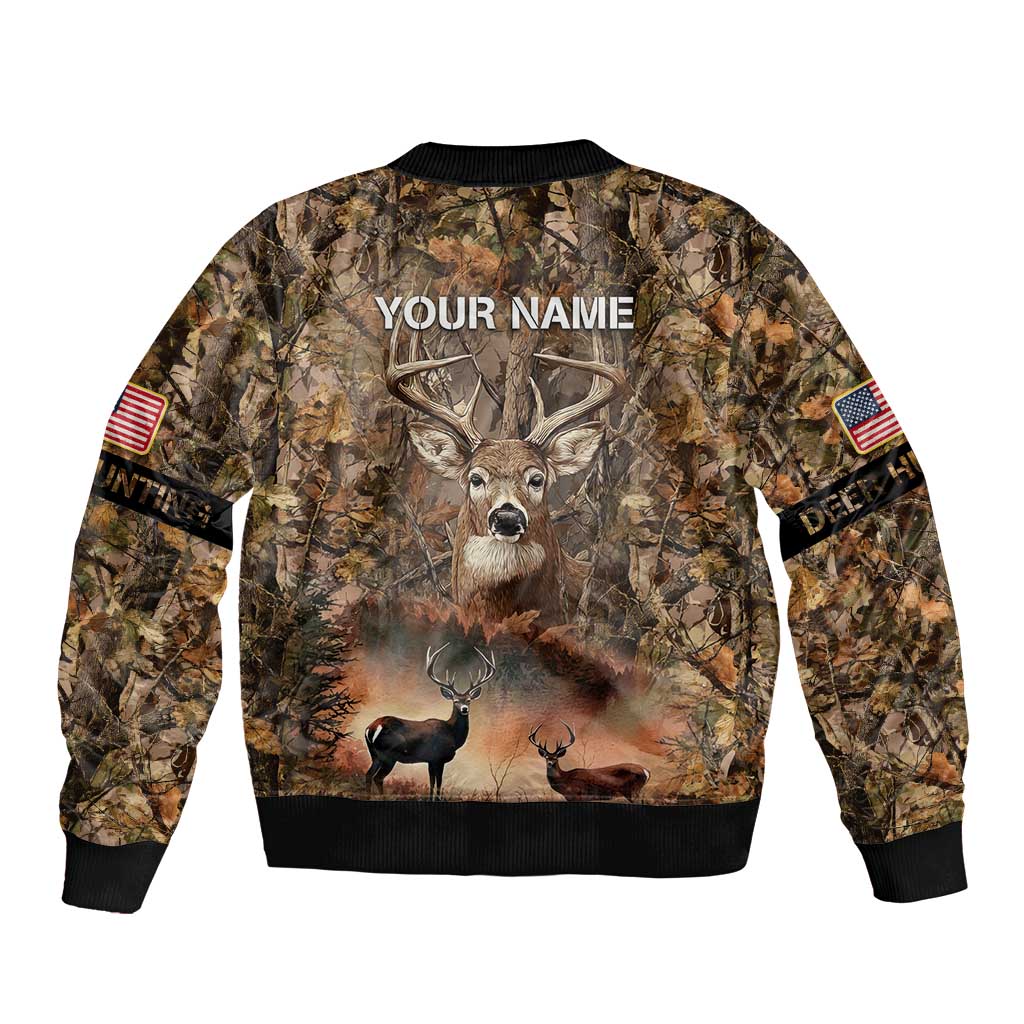 Personalized Buck Deer Hunting Sleeve Zip Bomber Jacket American Flag Sunset Forest in Camouflage