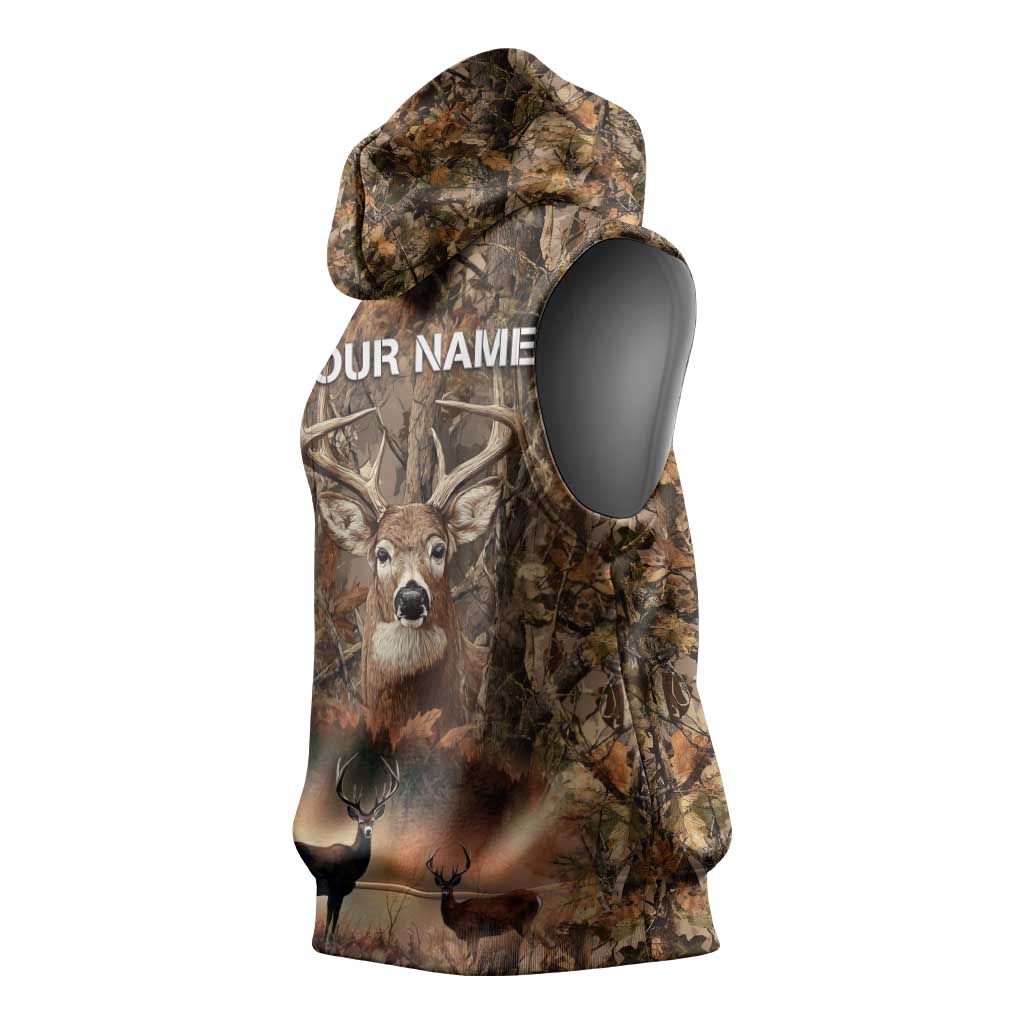 Personalized Buck Deer Hunting Sleeveless Hoodie American Flag Sunset Forest in Camouflage