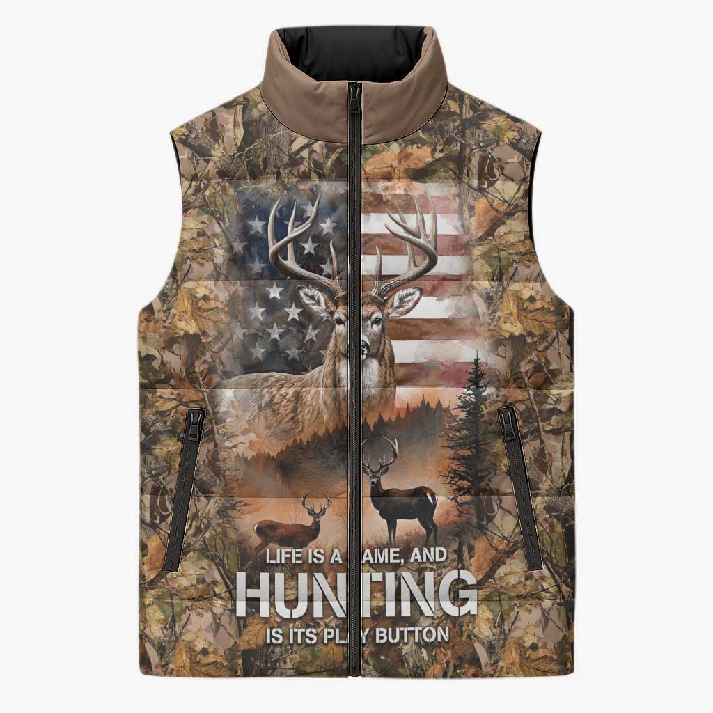 Personalized Buck Deer Hunting Sleeveless Puffer Jacket American Flag Sunset Forest in Camouflage