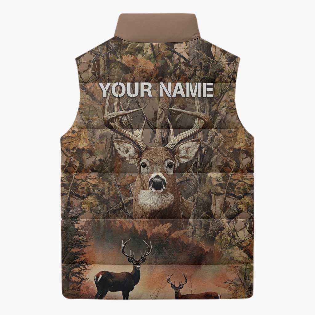 Personalized Buck Deer Hunting Sleeveless Puffer Jacket American Flag Sunset Forest in Camouflage