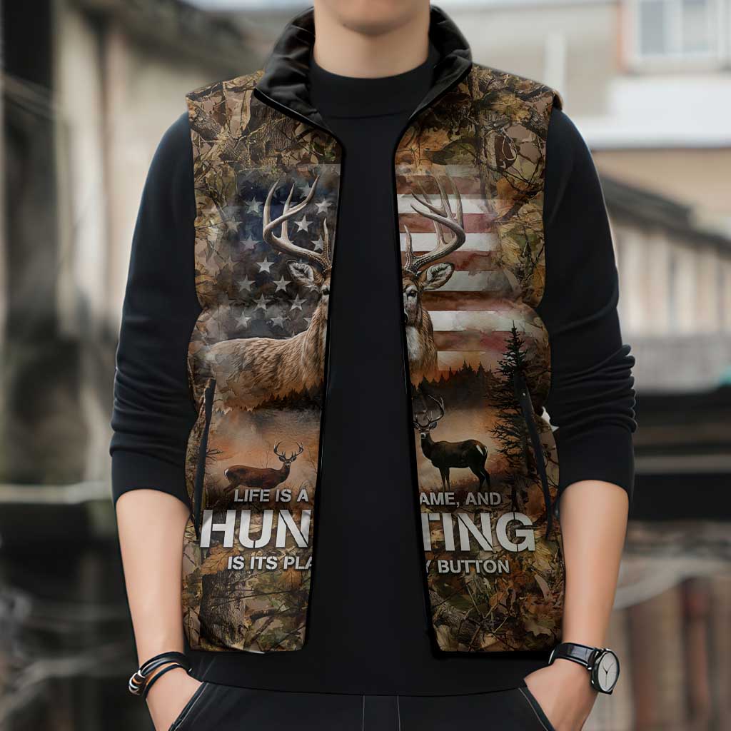 Personalized Buck Deer Hunting Sleeveless Puffer Jacket American Flag Sunset Forest in Camouflage