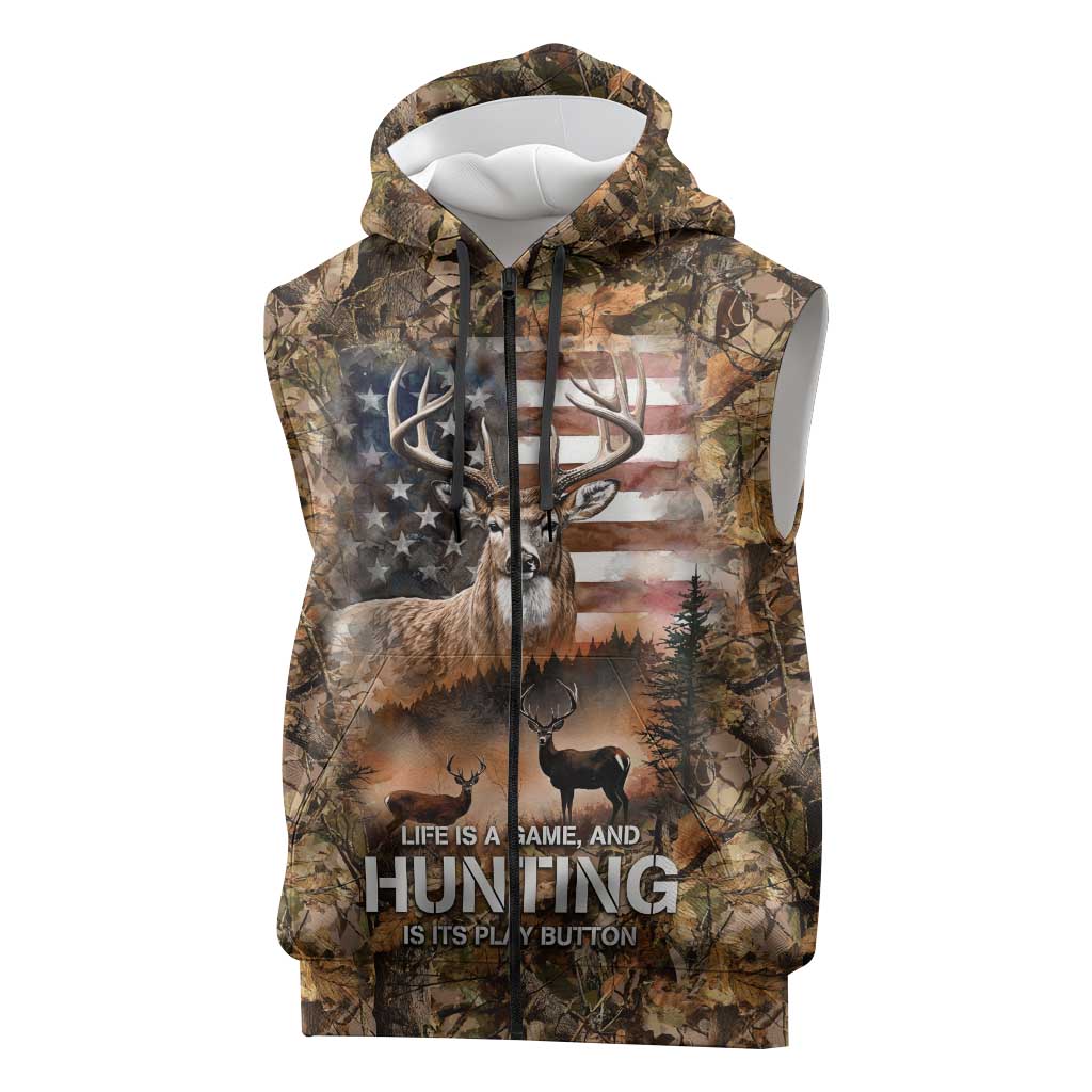 Personalized Buck Deer Hunting Sleeveless Zip Hoodie American Flag Sunset Forest in Camouflage