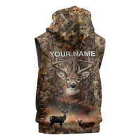 Personalized Buck Deer Hunting Sleeveless Zip Hoodie American Flag Sunset Forest in Camouflage