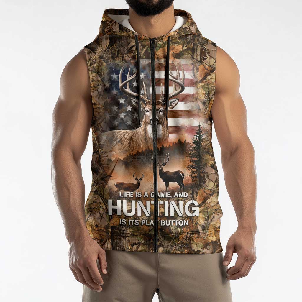 Personalized Buck Deer Hunting Sleeveless Zip Hoodie American Flag Sunset Forest in Camouflage