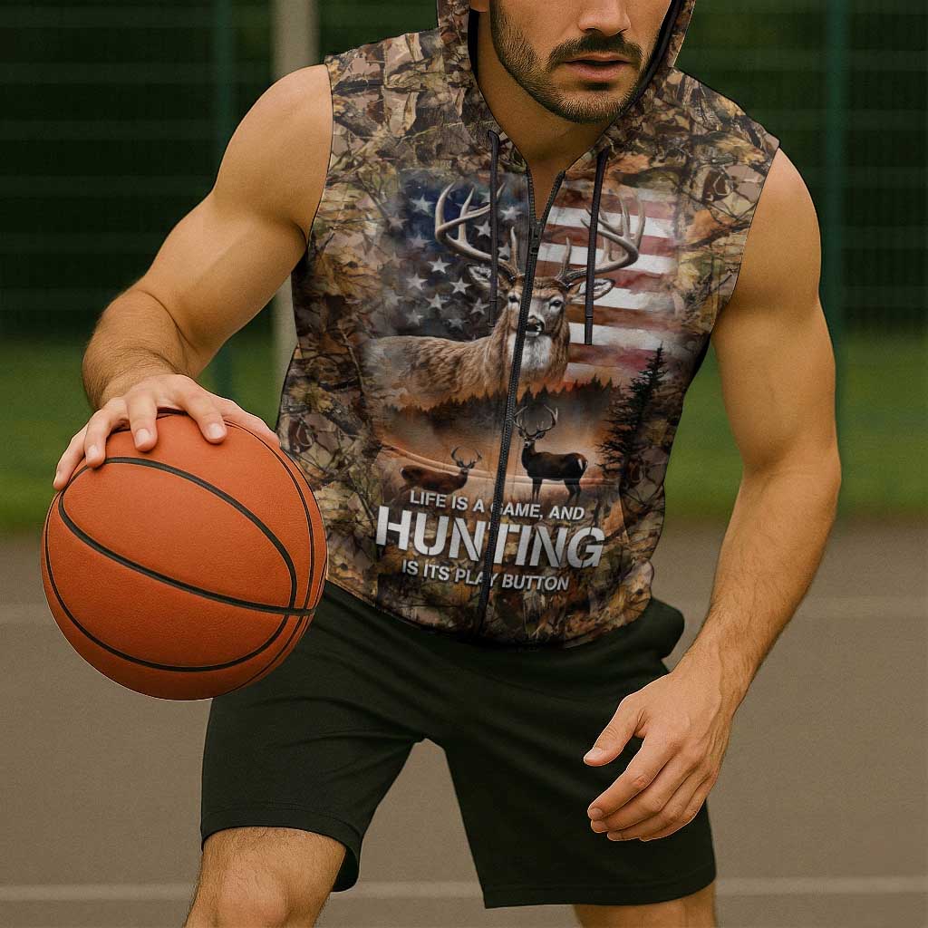 Personalized Buck Deer Hunting Sleeveless Zip Hoodie American Flag Sunset Forest in Camouflage
