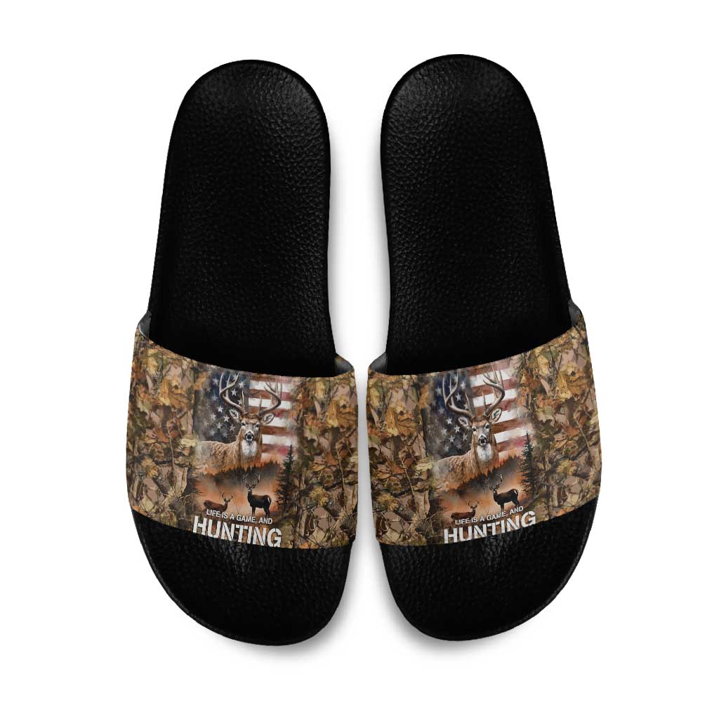 Personalized Buck Deer Hunting Slide Sandals American Flag Sunset Forest in Camouflage