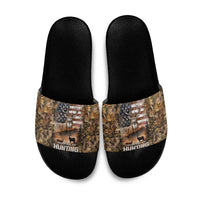 Personalized Buck Deer Hunting Slide Sandals American Flag Sunset Forest in Camouflage